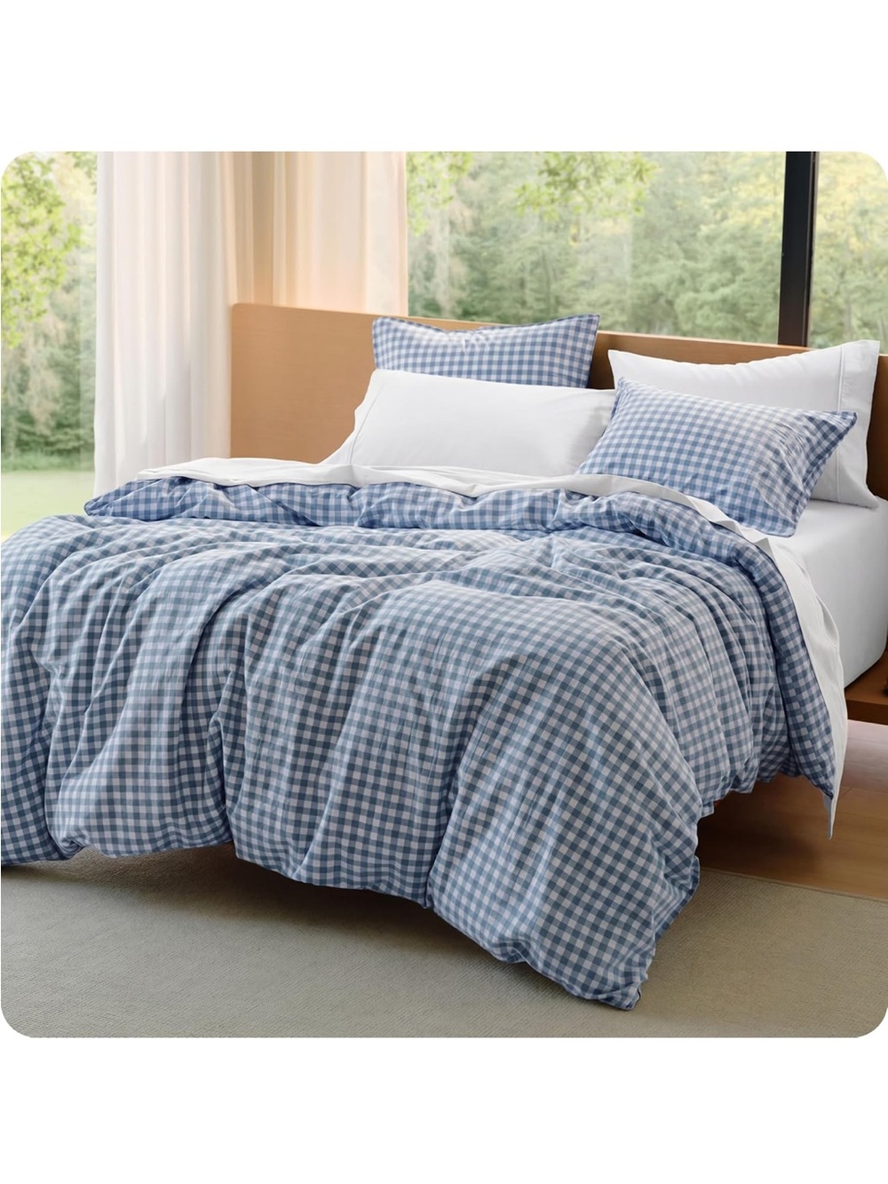 NEW Bedsure PureWoven 100% Washed Cotton Gingham Duvet Cover Set. Linen‑Like